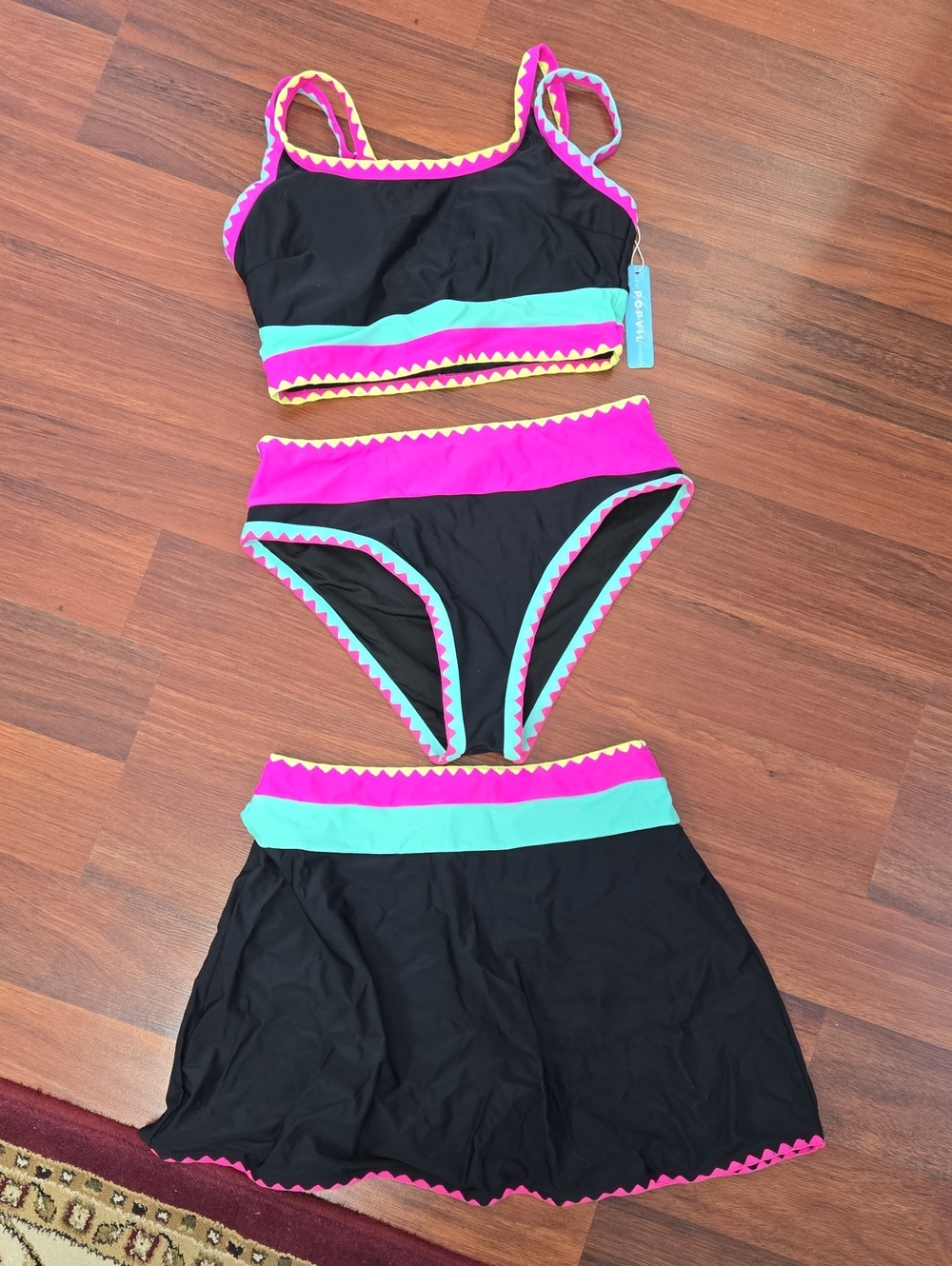 Popvil Black Colorblock Bikini Set with Skirt Size Medium NWT